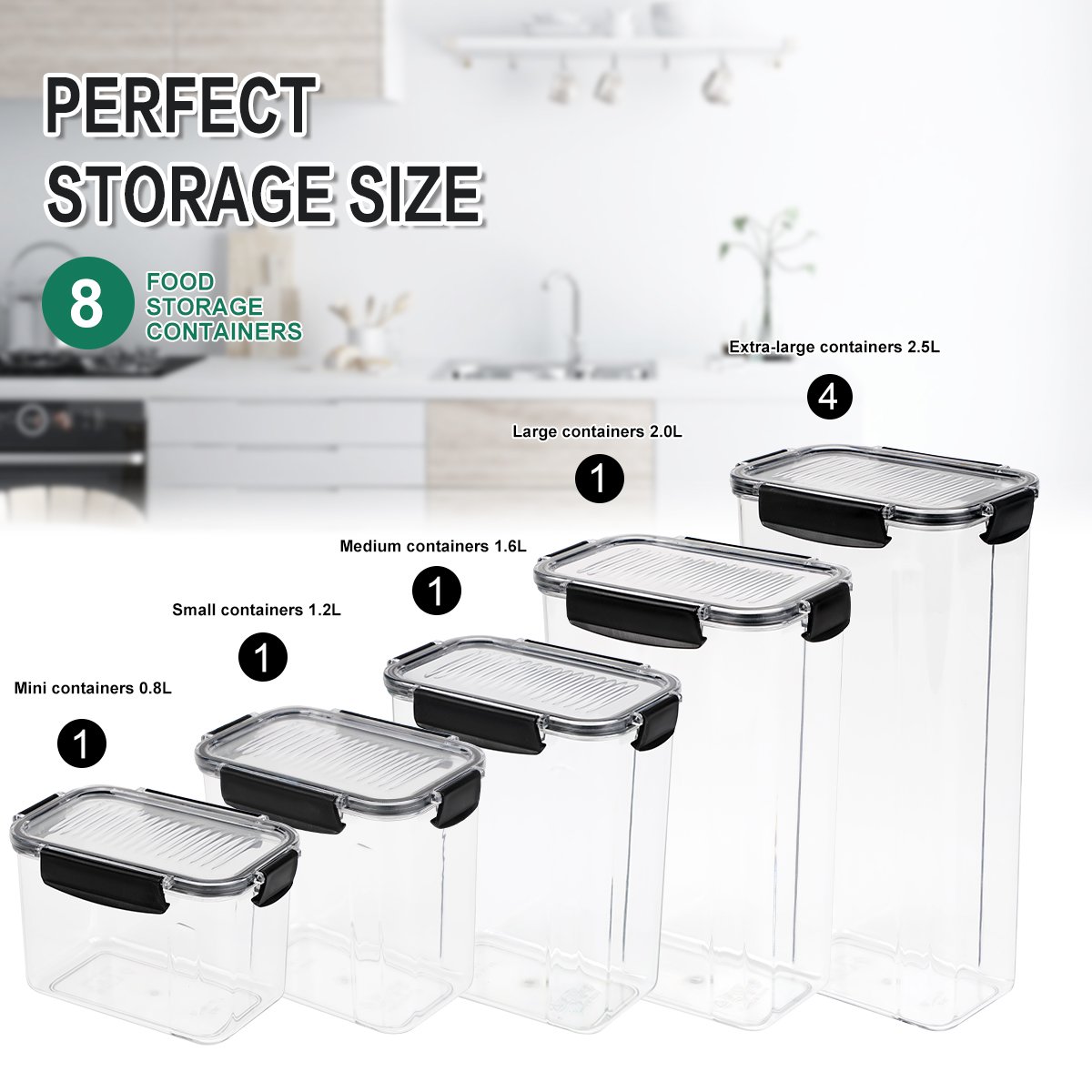 8 Pack Airtight Food Storage Container Set - BPA Free Clear Plastic Kitchen and Pantry Organization Canisters with Durable Lids