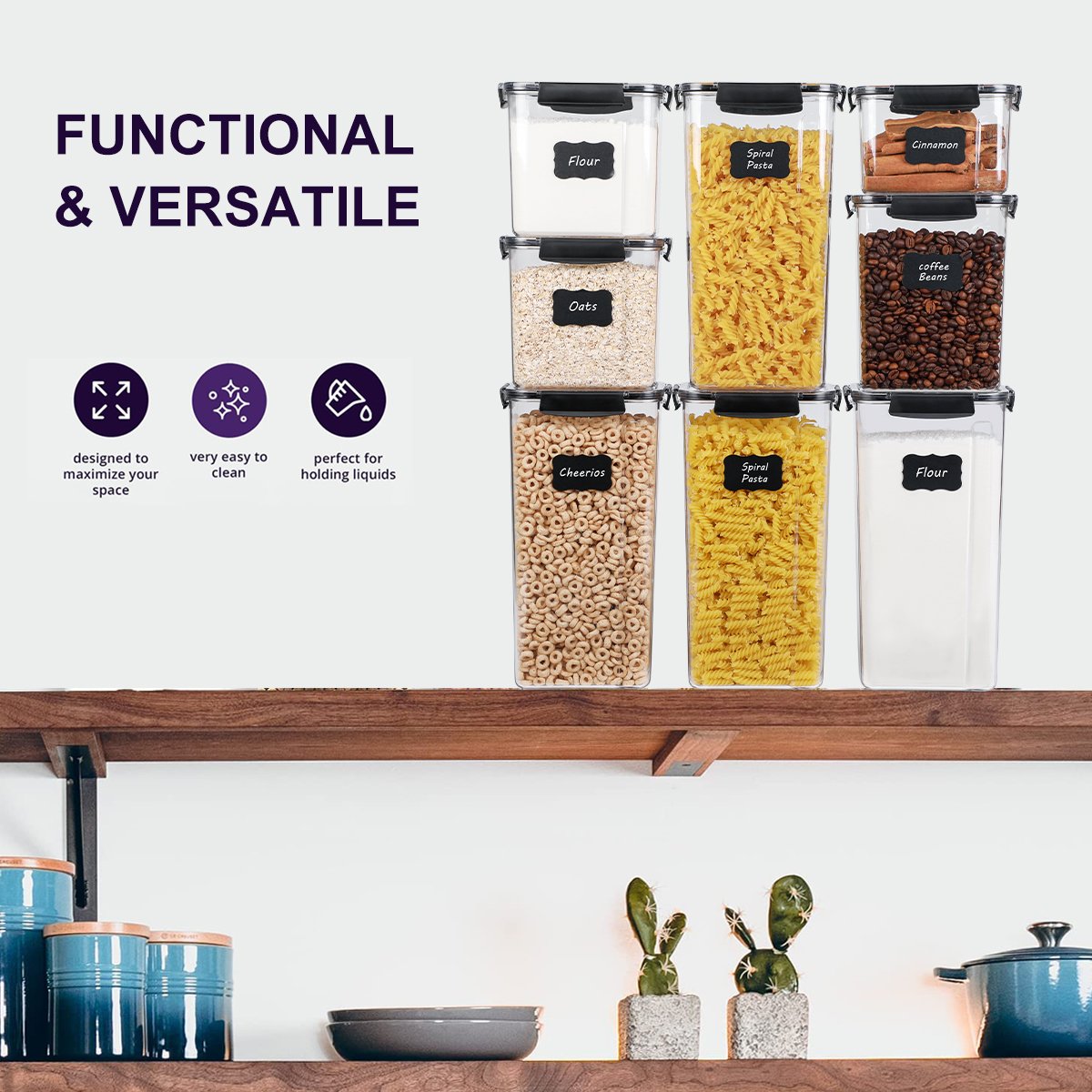 8 Pack Airtight Food Storage Container Set - BPA Free Clear Plastic Kitchen and Pantry Organization Canisters with Durable Lids