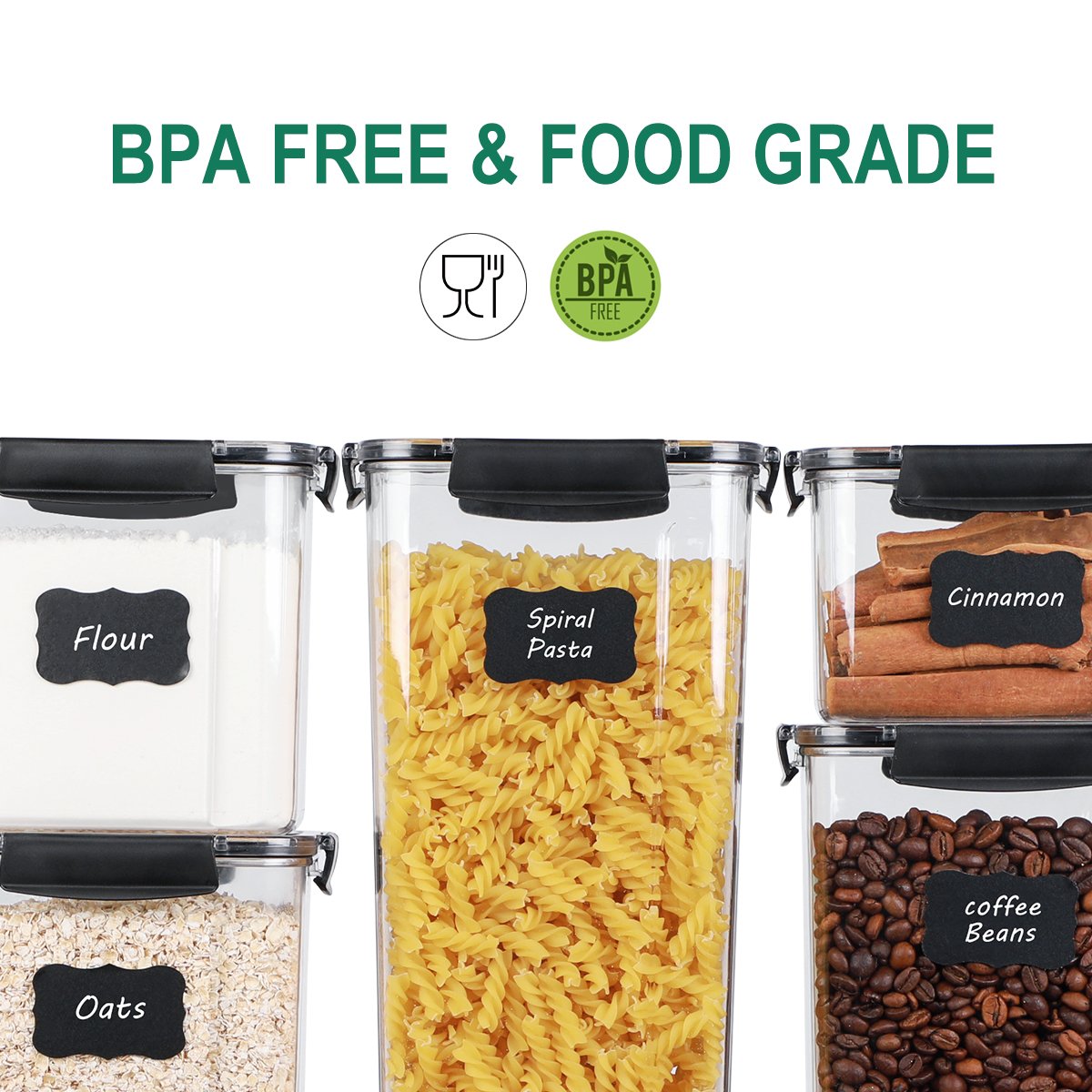8 Pack Airtight Food Storage Container Set - BPA Free Clear Plastic Kitchen and Pantry Organization Canisters with Durable Lids