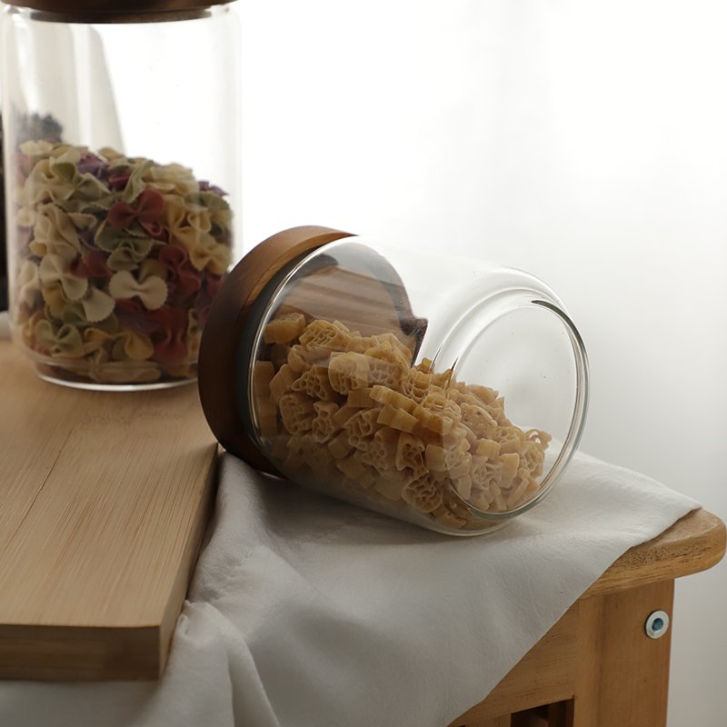 Prodcued various sizes glass storage jar with lids custom kitchen glass food storage container mason spice jar acacia cover jars