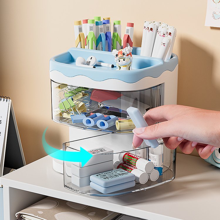 plastic small 2-layer tone transparent sundries rotating drawer pen holder stationery desktop storage box