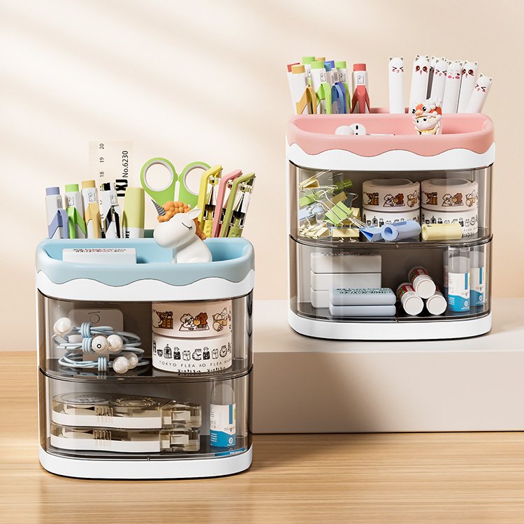 plastic small 2-layer tone transparent sundries rotating drawer pen holder stationery desktop storage box