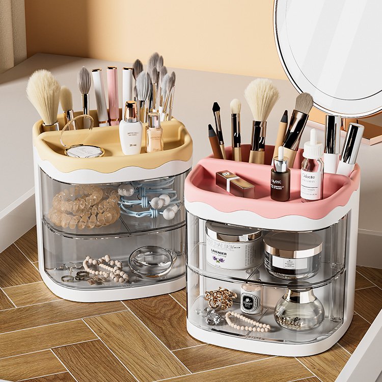 plastic small 2-layer tone transparent sundries rotating drawer pen holder stationery desktop storage box