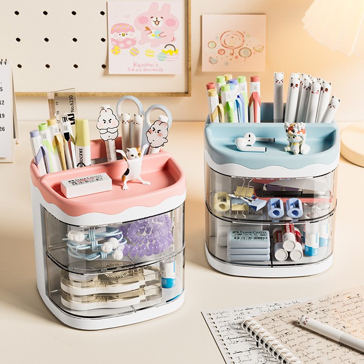 plastic small 2-layer tone transparent sundries rotating drawer pen holder stationery desktop storage box