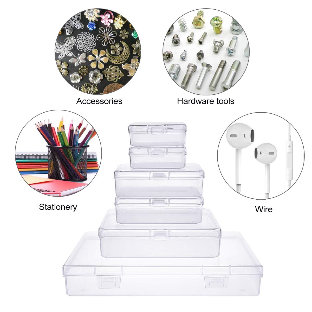 24PCS/Set Mixed Sizes Rectangular Empty Mini Clear Plastic Organizer Storage Box Containers with Hinged Lids