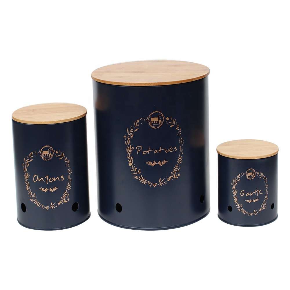3 Pack Metal Farmhouse Food Storage and Container Potato Storage Onion Garlic Canister Set