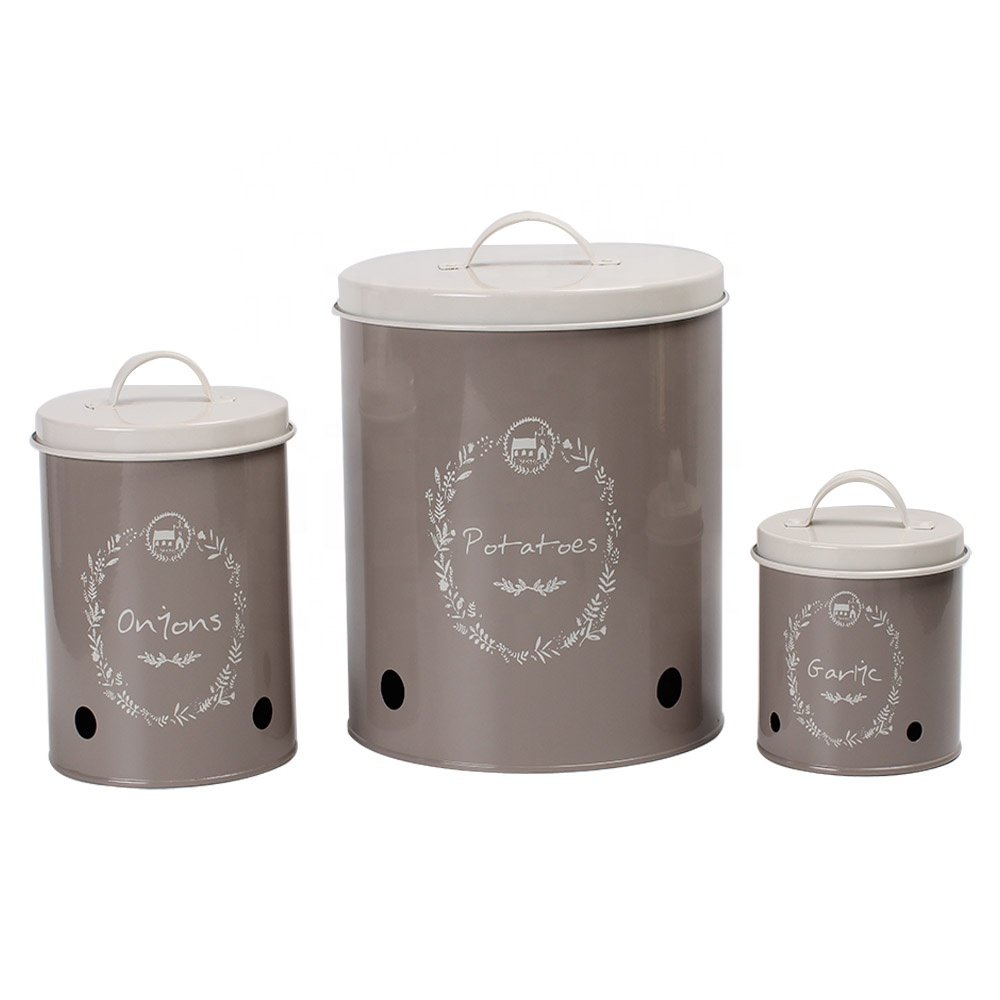 3 Pack Metal Farmhouse Food Storage and Container Potato Storage Onion Garlic Canister Set