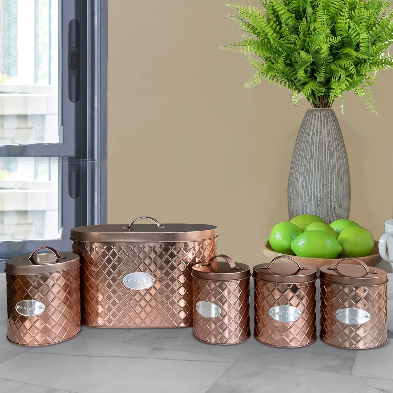 copper Kitchen Food Storage Set Bread Bin Biscuit Tin and Tea Coffee Sugar Canister Set Vintage Classic Inspired Metal Storage