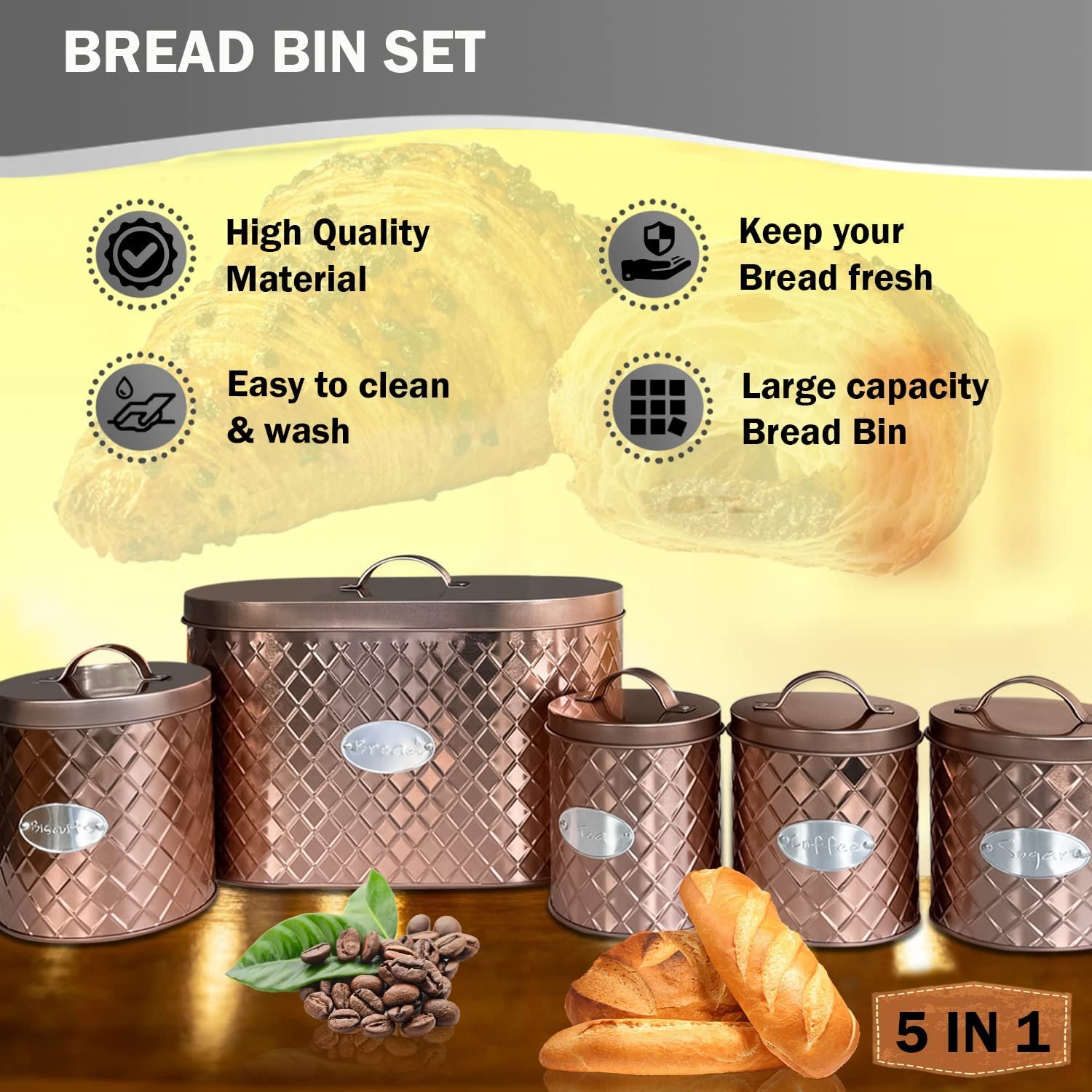 copper Kitchen Food Storage Set Bread Bin Biscuit Tin and Tea Coffee Sugar Canister Set Vintage Classic Inspired Metal Storage