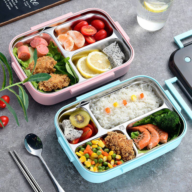 kids thermal stainless steel food container 3 compartments leakproof bento lunchbox with cutlery