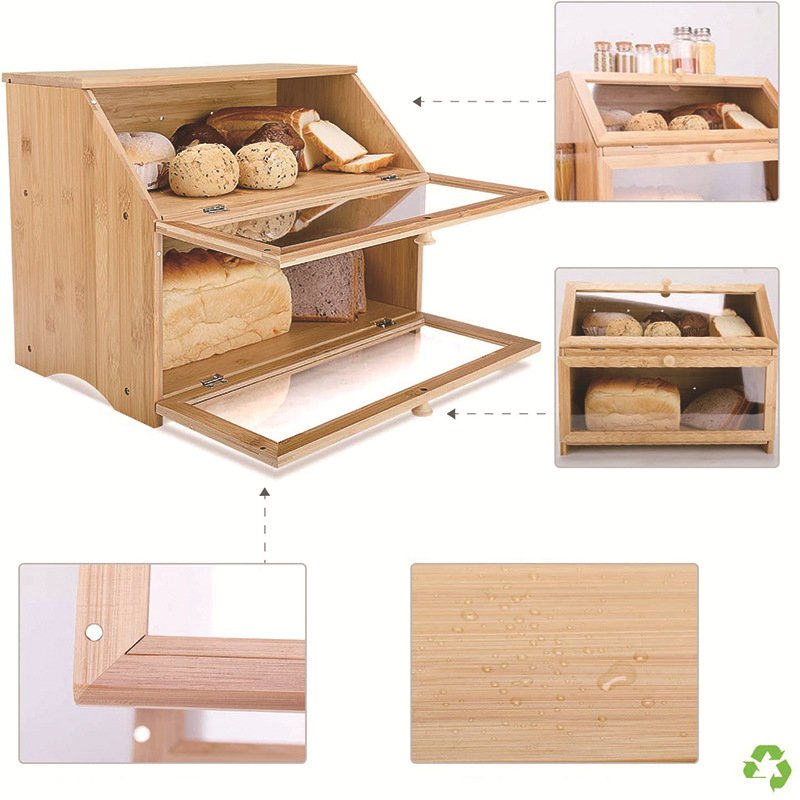 Custom Kitchen Countertop Container Food Storage Box Double Layer Bread Bin For Loaves Pastries Bamboo Bread Box With Lid