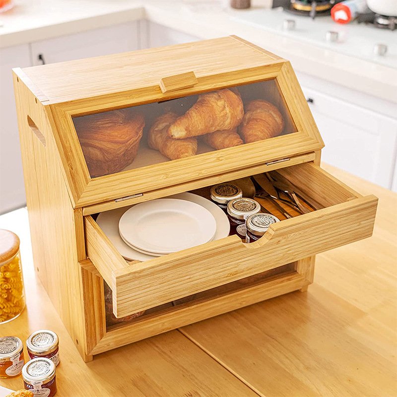 Custom Kitchen Countertop Container Food Storage Box Double Layer Bread Bin For Loaves Pastries Bamboo Bread Box With Lid