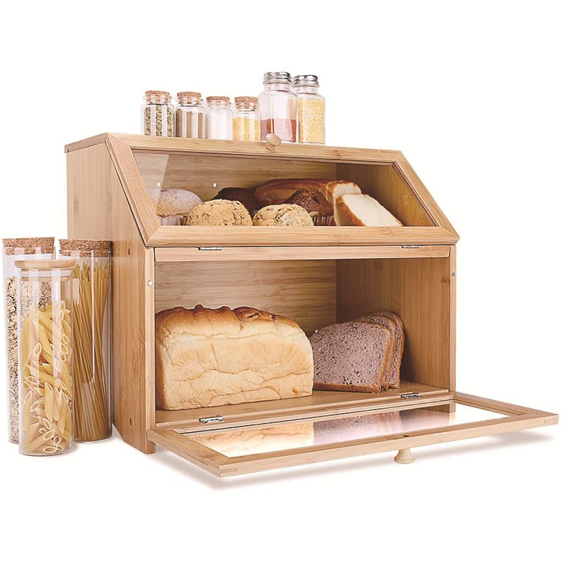 Custom Kitchen Countertop Container Food Storage Box Double Layer Bread Bin For Loaves Pastries Bamboo Bread Box With Lid