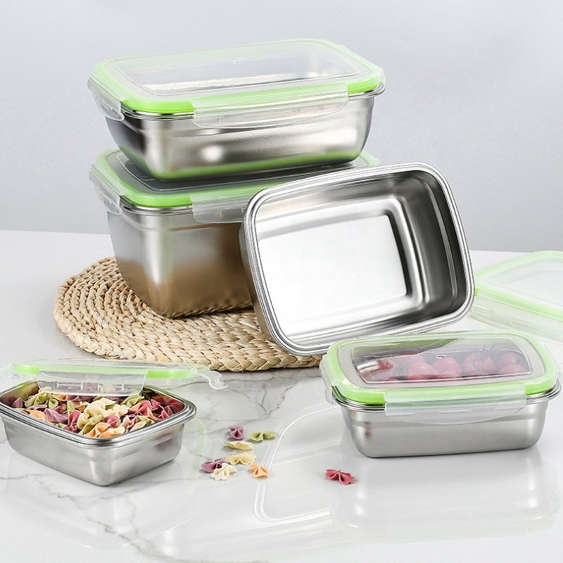 SS304 Fresh keeping Box Oven Frigidaire Storage Container Silicone Sealed Dust Cover Fruit Vegetable Stainless Steel Crisper