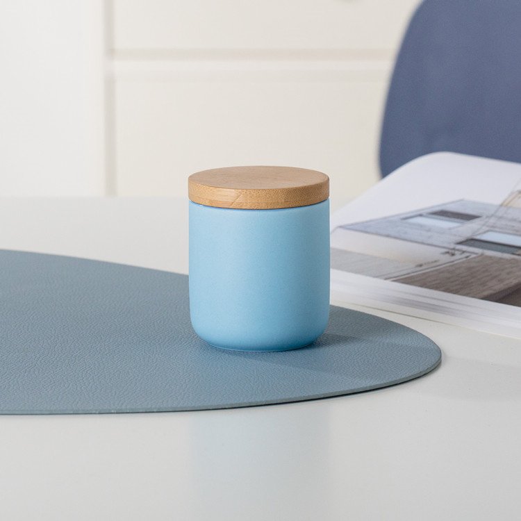 European style matte glaze cylinder wood lid ceramic food kitchen storage jars for coffee canister sugar