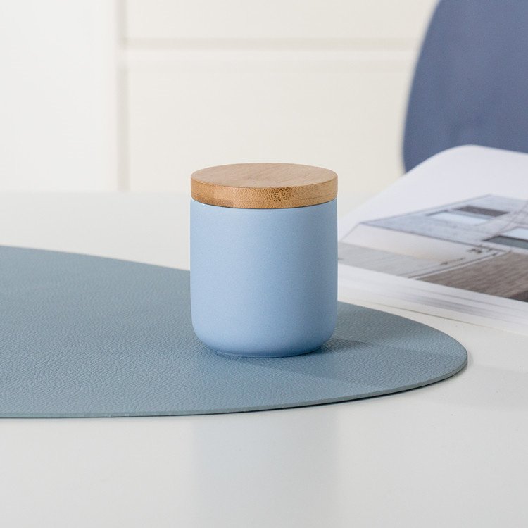 European style matte glaze cylinder wood lid ceramic food kitchen storage jars for coffee canister sugar