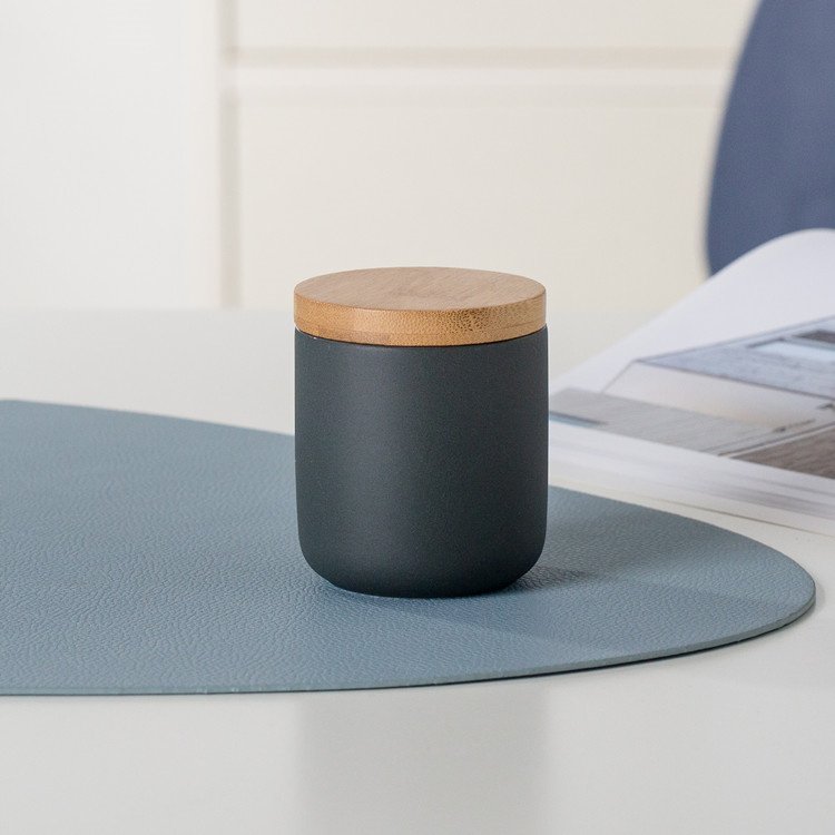 European style matte glaze cylinder wood lid ceramic food kitchen storage jars for coffee canister sugar