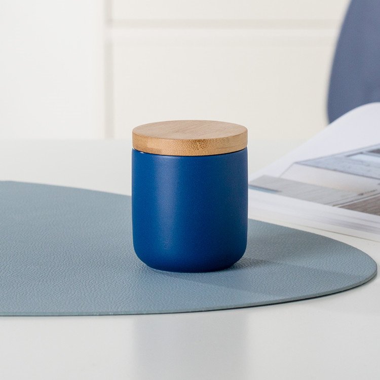 European style matte glaze cylinder wood lid ceramic food kitchen storage jars for coffee canister sugar