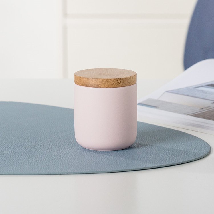 European style matte glaze cylinder wood lid ceramic food kitchen storage jars for coffee canister sugar