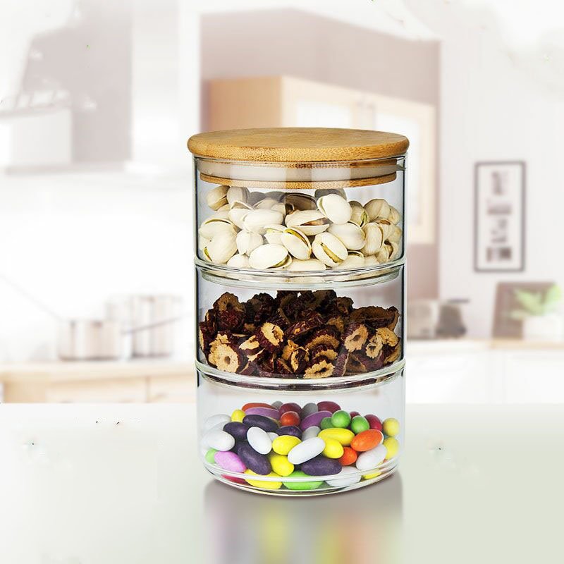 3 Tier stackable glass good storage jars with bamboo lid for Candy and Cookie Dishe