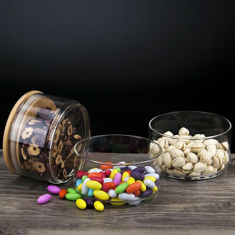 3 Tier stackable glass good storage jars with bamboo lid for Candy and Cookie Dishe