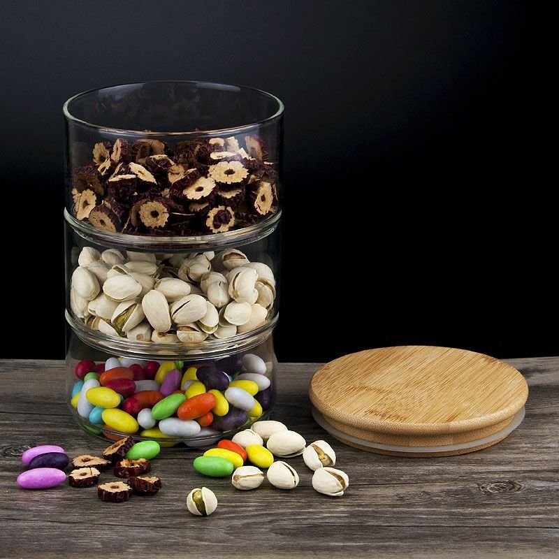 3 Tier stackable glass good storage jars with bamboo lid for Candy and Cookie Dishe