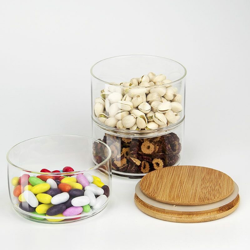 3 Tier stackable glass good storage jars with bamboo lid for Candy and Cookie Dishe