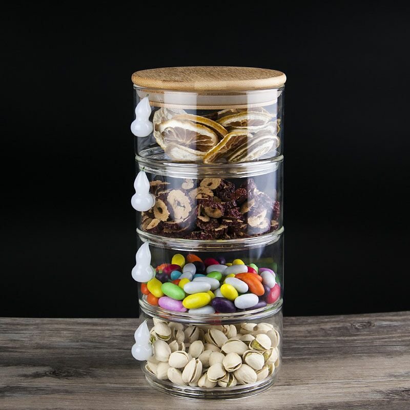 3 Tier stackable glass good storage jars with bamboo lid for Candy and Cookie Dishe
