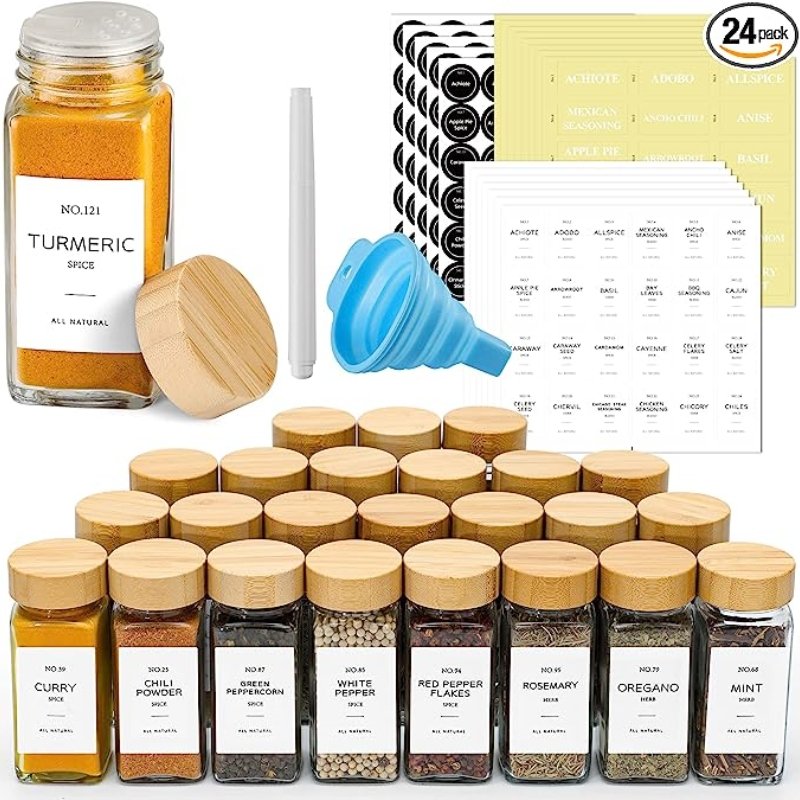 Mpty Glass Bamboo Wood Seasoning Bottles Spice Shaker Powder Containers Pepper Salt Jar With Flapper Spices Jars Set