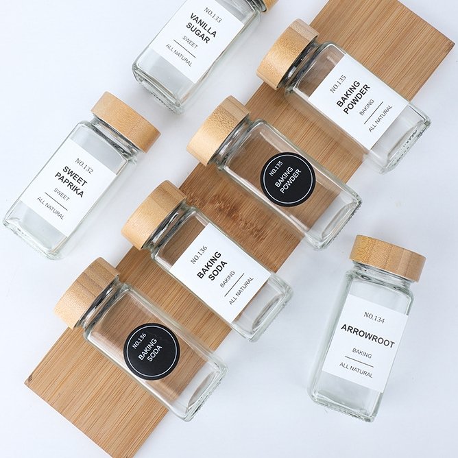 Mpty Glass Bamboo Wood Seasoning Bottles Spice Shaker Powder Containers Pepper Salt Jar With Flapper Spices Jars Set