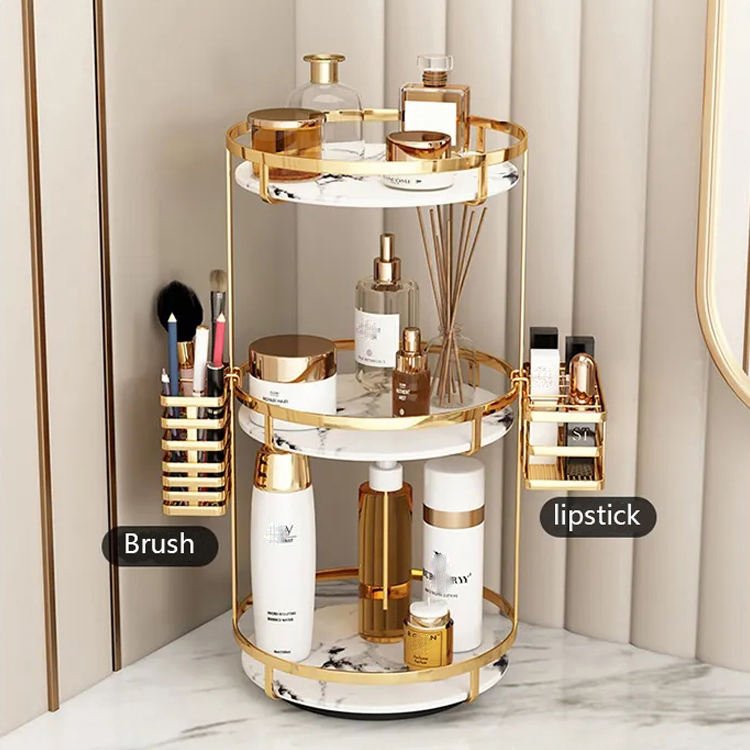 High Quality Bathroom Shelf Marble Countertop Organizer 360 Rotating Cosmetic Storage Box with Lipstick Holder Makeup Brush Rack