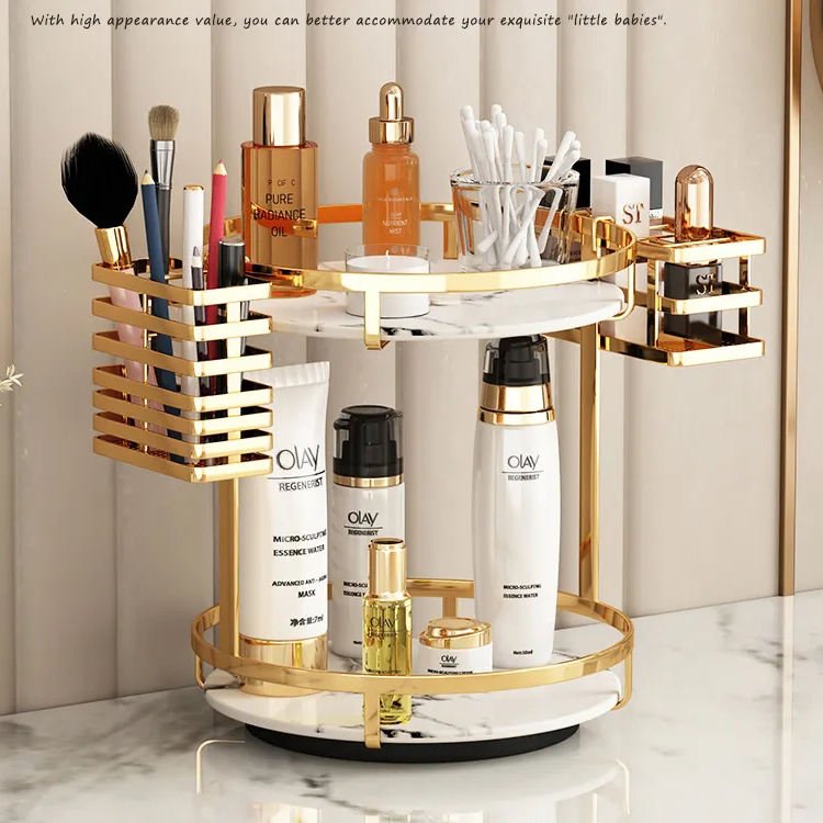 High Quality Bathroom Shelf Marble Countertop Organizer 360 Rotating Cosmetic Storage Box with Lipstick Holder Makeup Brush Rack