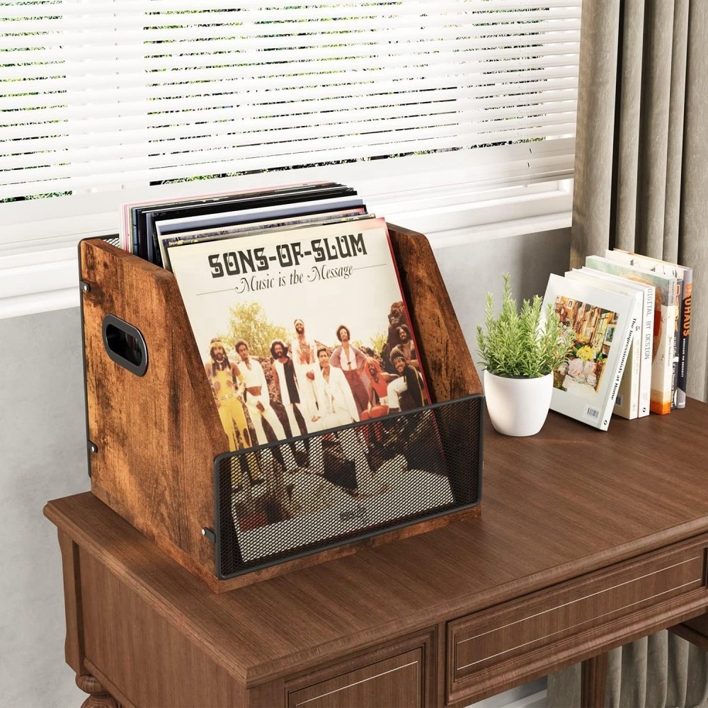 Vinyl Record storage Box Case Crate Album Holder Desktop Metal & Wooden LP Record Crate for office
