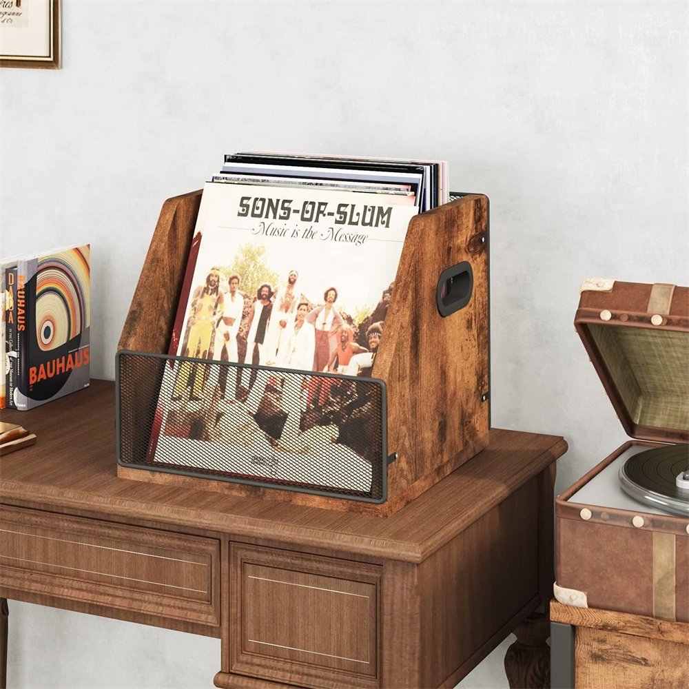 Vinyl Record storage Box Case Crate Album Holder Desktop Metal & Wooden LP Record Crate for office
