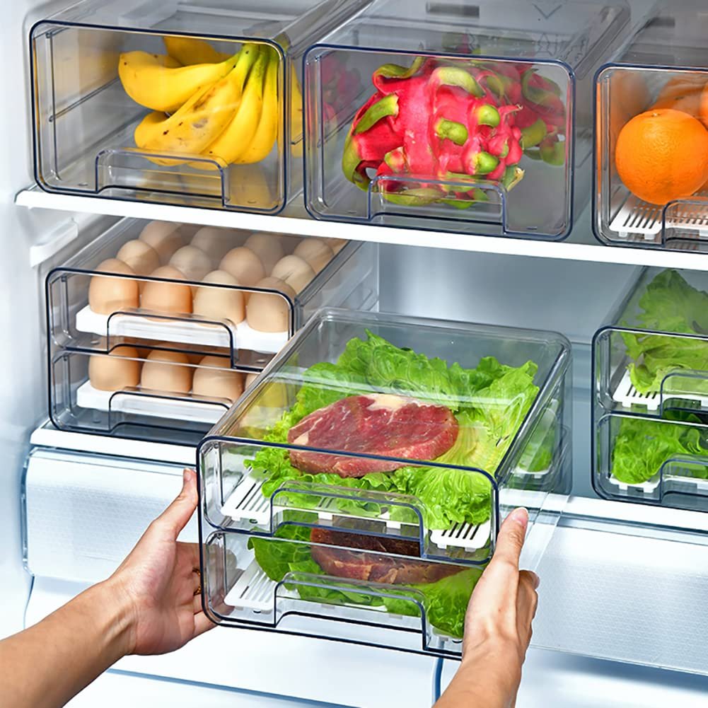 Plastic Fridge Organizer Drawer Pull Out Bins Freezer Food Storage Container Box PET Kitchen Stackable Refrigerator Drawer Set