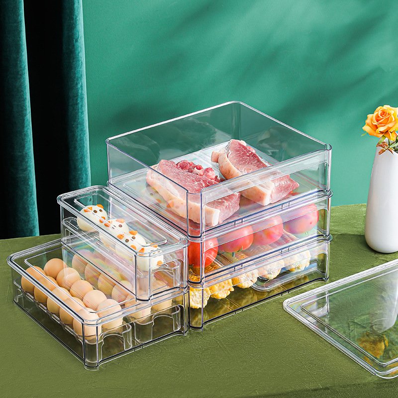 Plastic Fridge Organizer Drawer Pull Out Bins Freezer Food Storage Container Box PET Kitchen Stackable Refrigerator Drawer Set