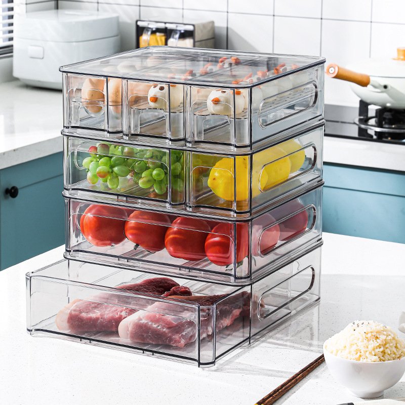 Plastic Fridge Organizer Drawer Pull Out Bins Freezer Food Storage Container Box PET Kitchen Stackable Refrigerator Drawer Set