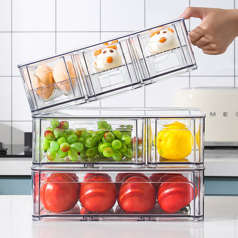 Plastic Fridge Organizer Drawer Pull Out Bins Freezer Food Storage Container Box PET Kitchen Stackable Refrigerator Drawer Set