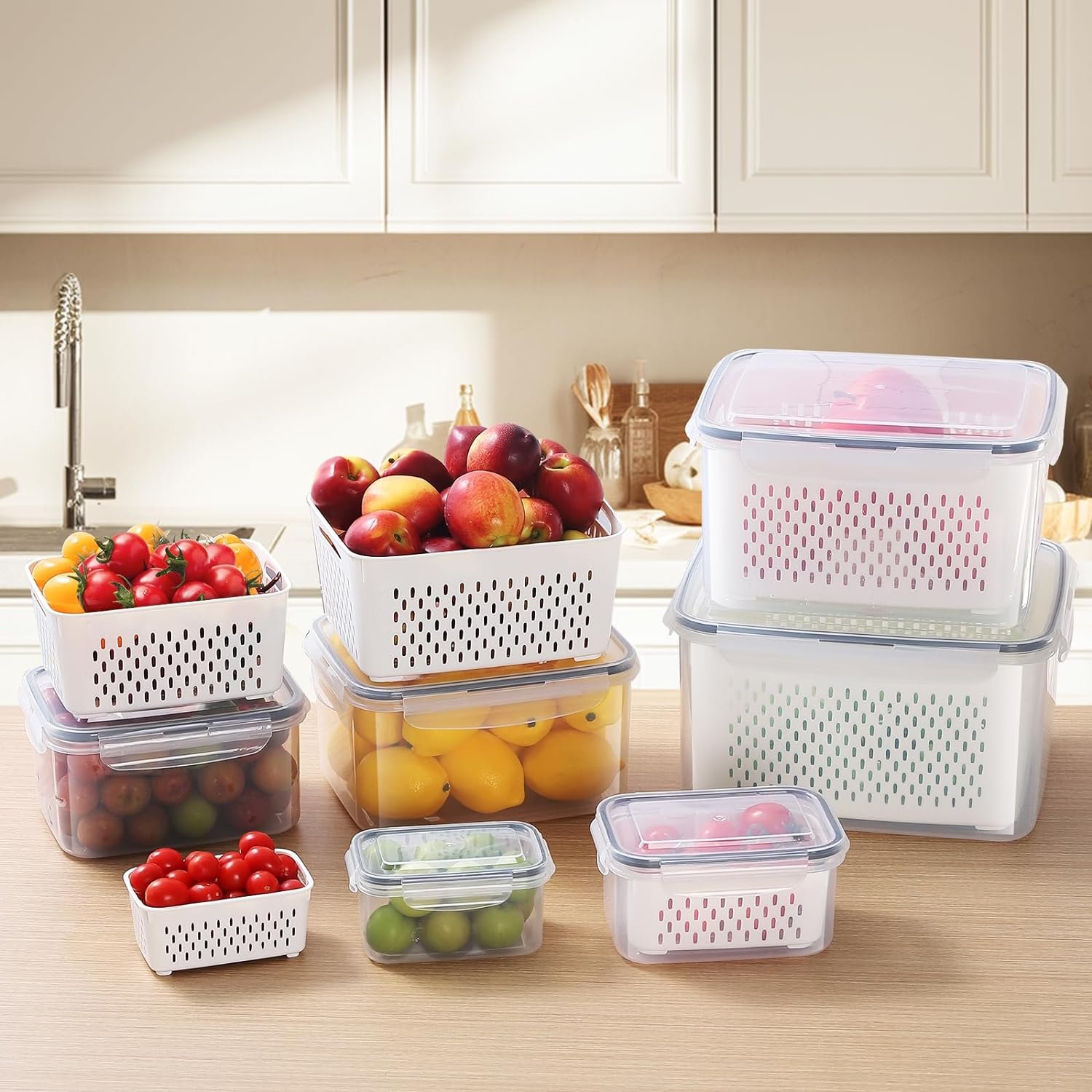 Leak-proof Food Storage Containers with Removable Colander BPA Free Plastic Fruit Container Set 6 PCS
