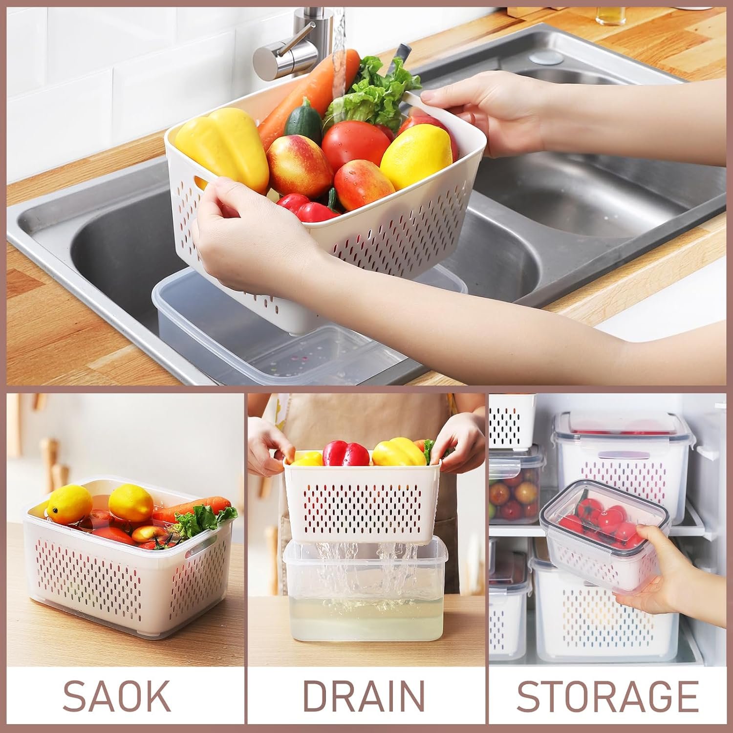 Leak-proof Food Storage Containers with Removable Colander BPA Free Plastic Fruit Container Set 6 PCS