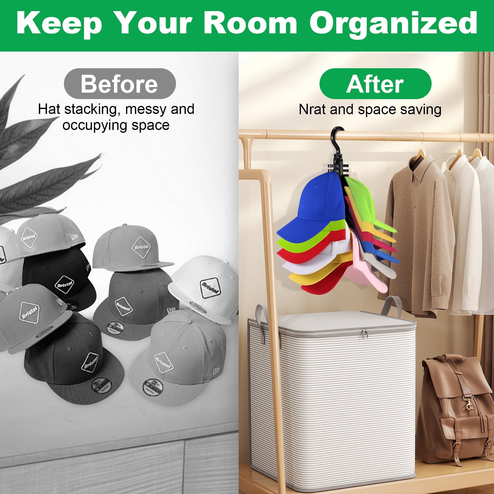 Hat Organizer Baseball Hat Storage Organizer, Hat Racks for Baseball Caps Wall for Hanger Room Closet Displayat Holder with Hook