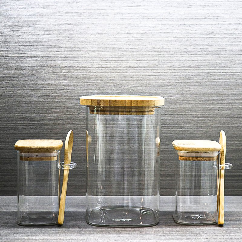 Customized shape Borosilicate Glass Spice tea With Flip Lid Food Storage Container jar