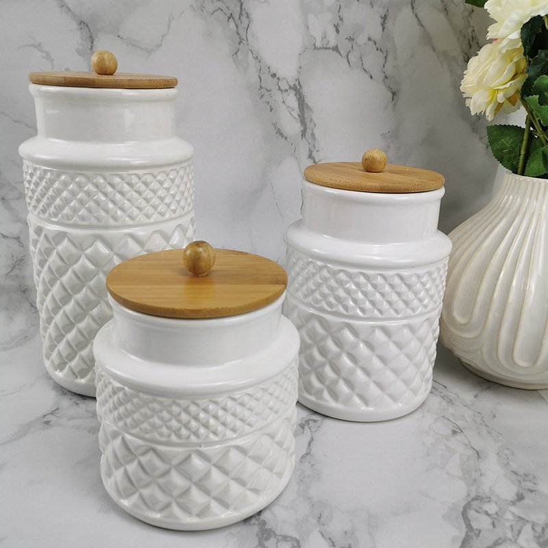 Ceramic white kitchen food storage canister set with wooden lids