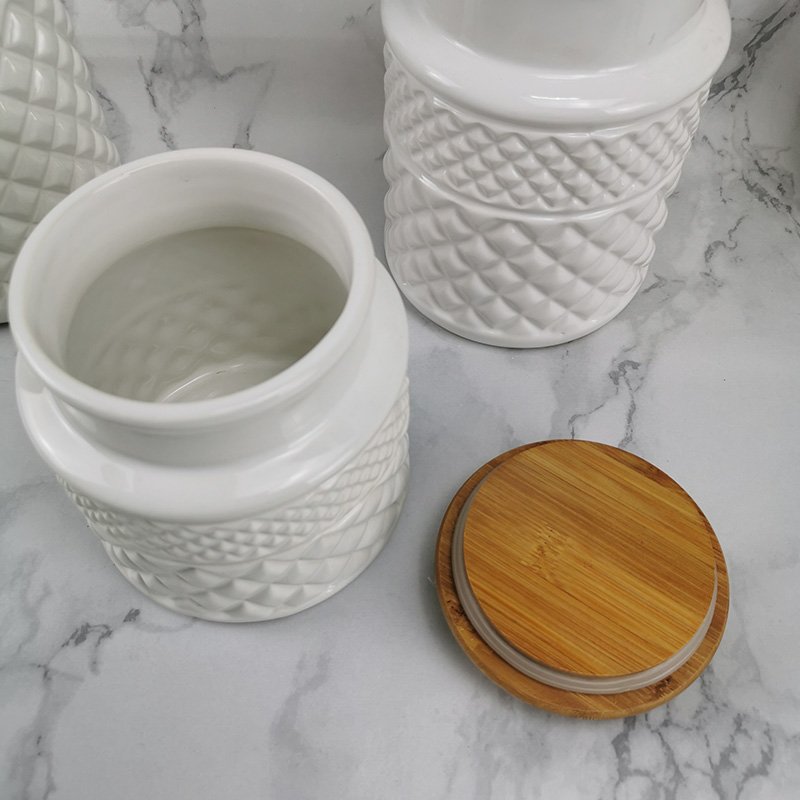 Ceramic white kitchen food storage canister set with wooden lids