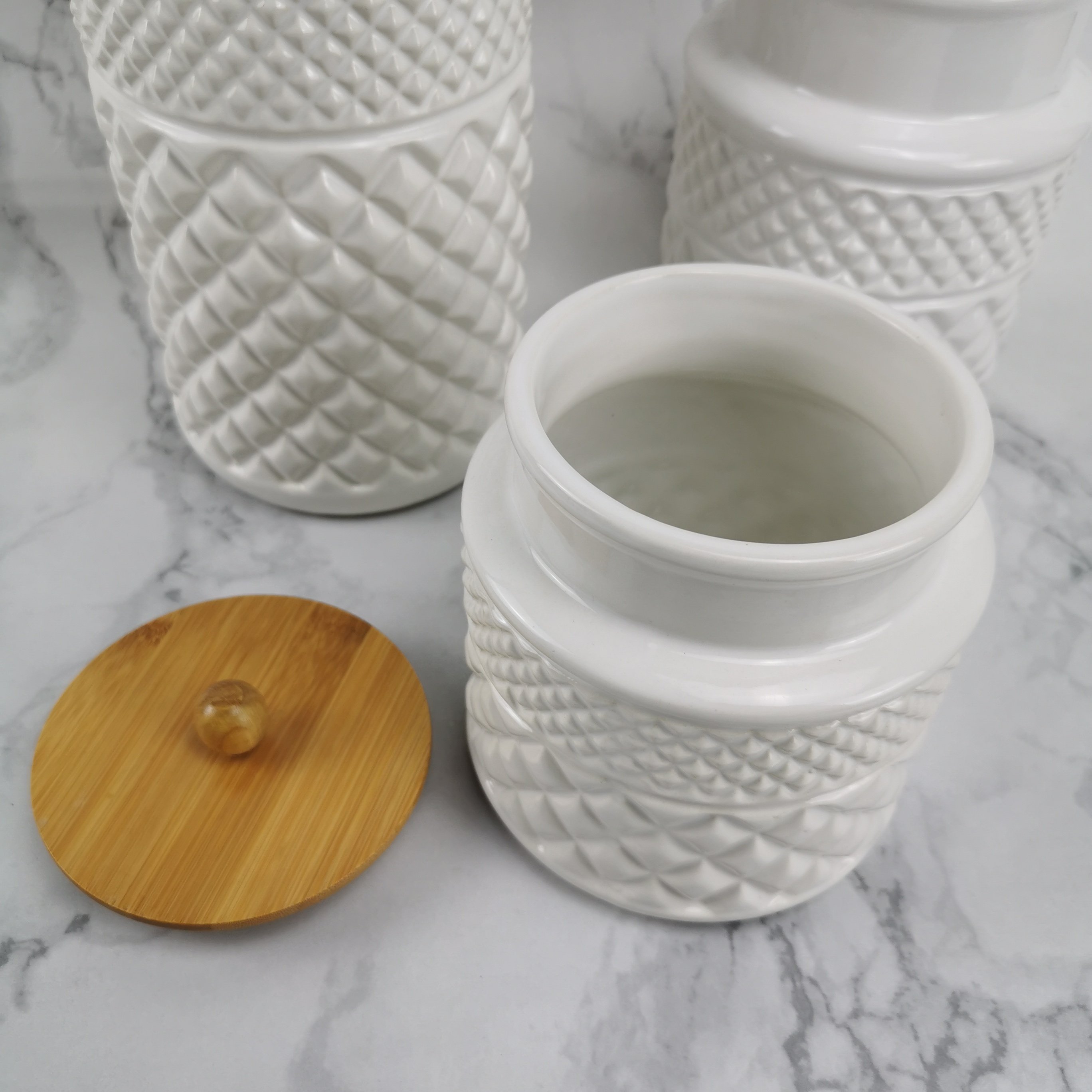 Ceramic white kitchen food storage canister set with wooden lids