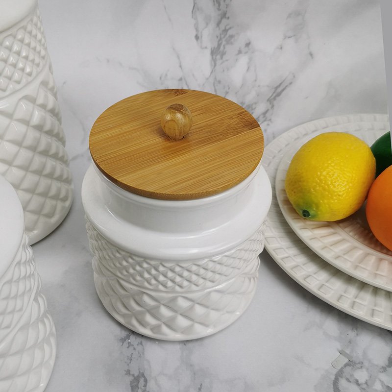 Ceramic white kitchen food storage canister set with wooden lids