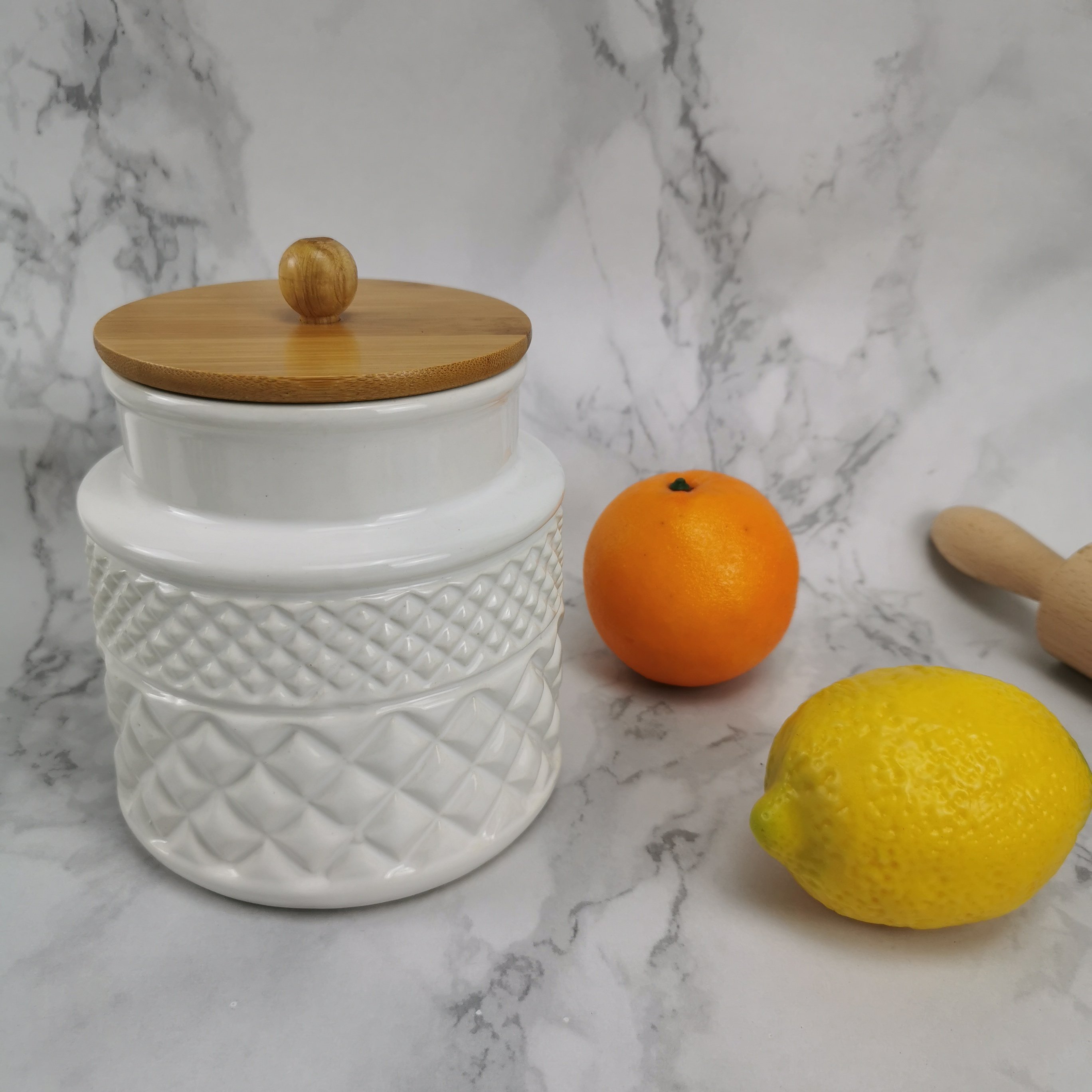 Ceramic white kitchen food storage canister set with wooden lids
