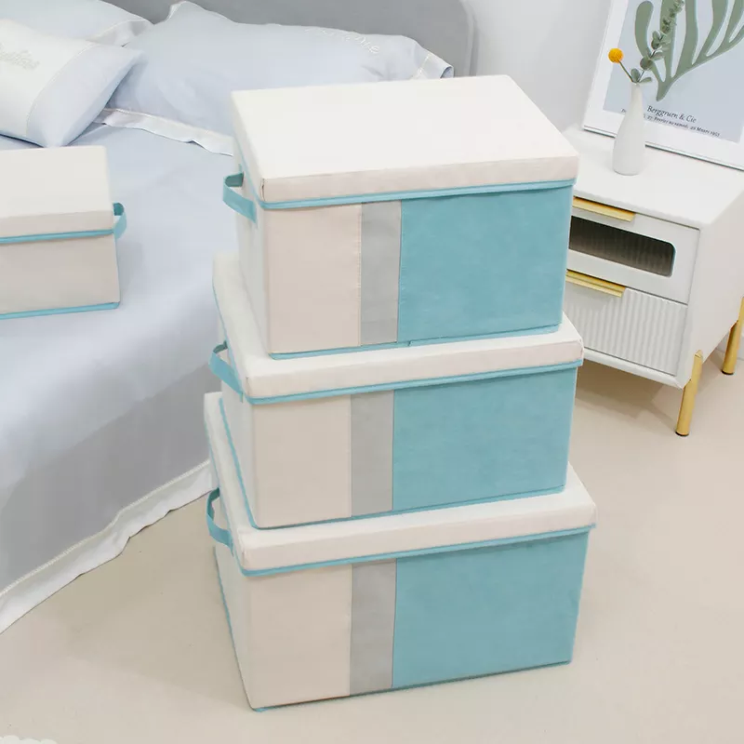 Multi-size storage box with cover linen flannel foldable with handle, clothing snacks book storage for a variety of occasions