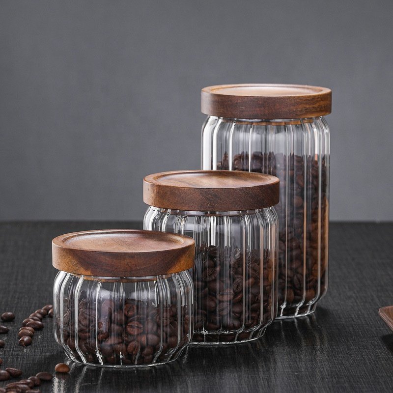 Kitchen Seasoning Jar Airtight Glass Food Storage Jar With Acacia Wood Lid Air Tight Glass Jars