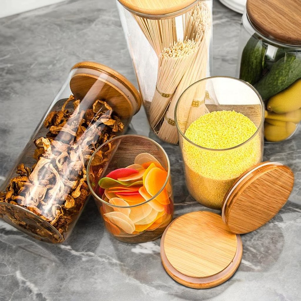 Round Airtight Coffee Tea Spice Glass Jar Kitchen Organizer Storage Bottles Sealed Glass Food Storage Jars with Bamboo Lid